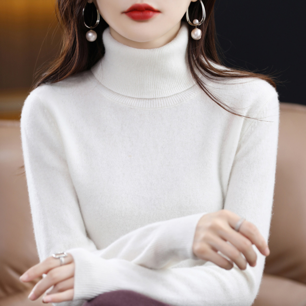 Pull à col roulé pour femme à manches longues