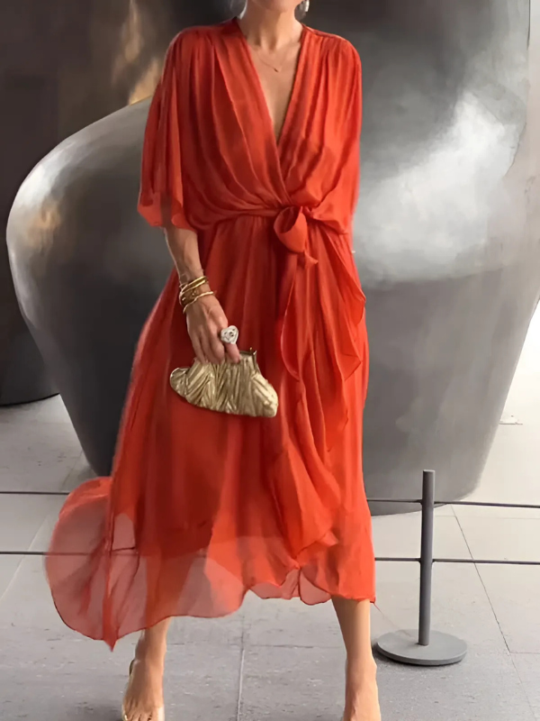 Robe midi portefeuille pour femmes, coupe élégante et fluide