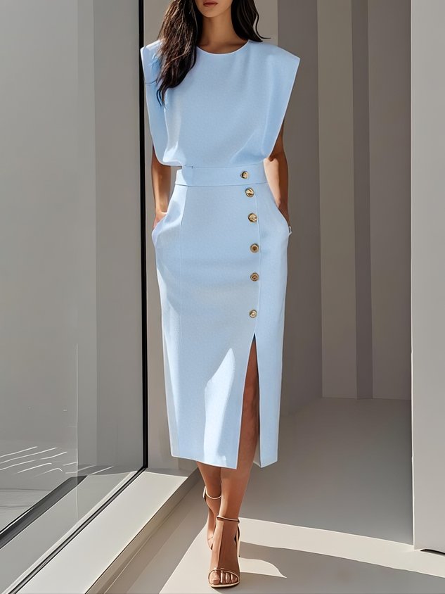 Robe midi sans manches pour femme, élégante avec boutons latéraux