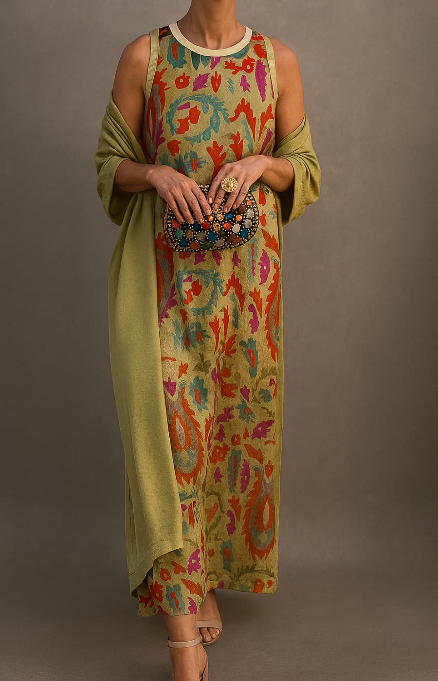 Women's Printed Maxi Dress with Matching Open Front Coat