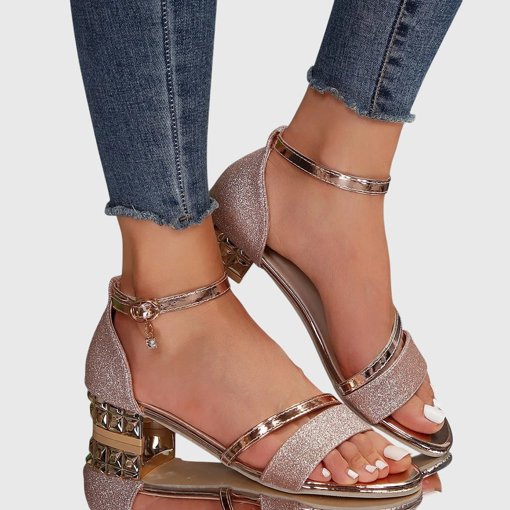 Glitter Block Heel Sandals with Metallic Ankle Strap and Buckle Fastening
