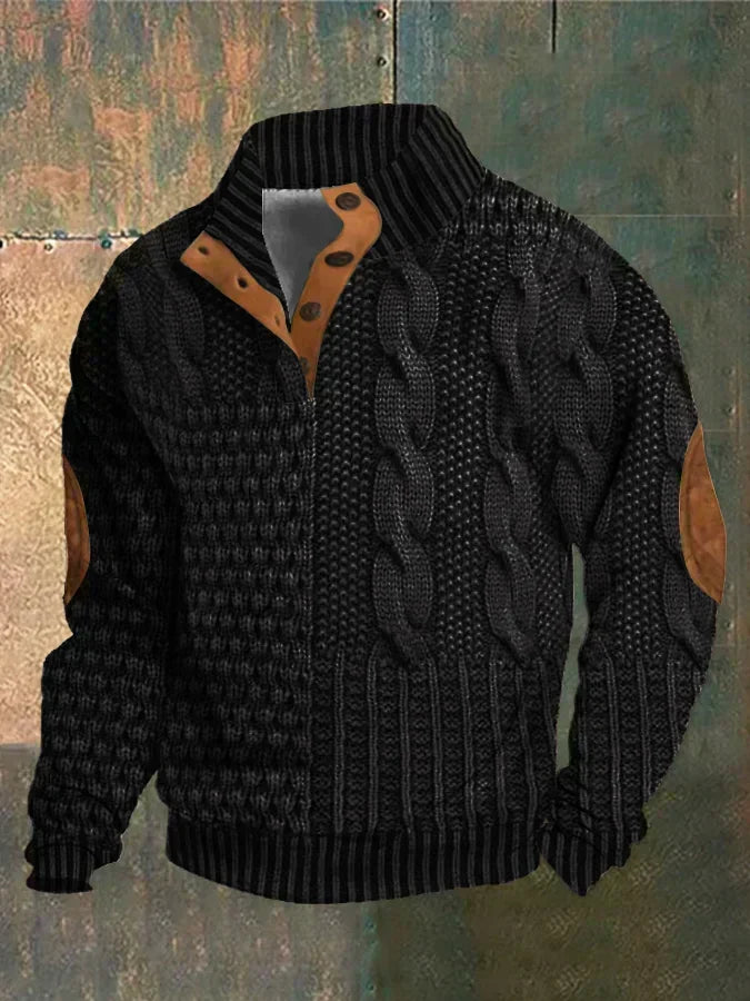 Men's Textured Cable Knit Sweater with Button Placket and Elbow Patches