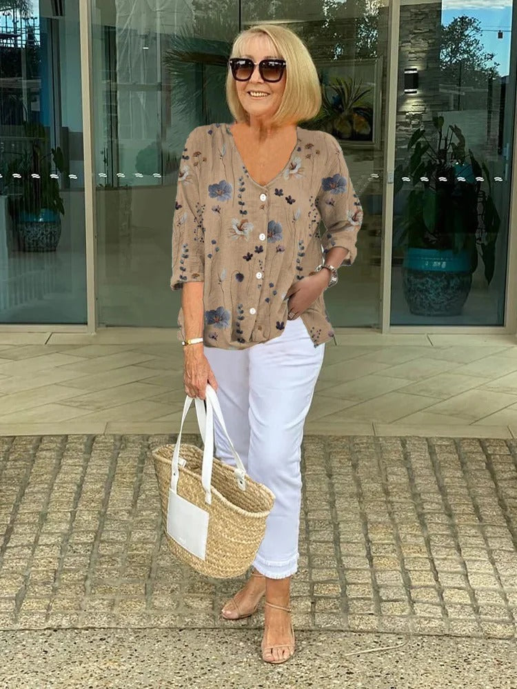 Blouse florale à col en V pour femmes, style décontracté élégant