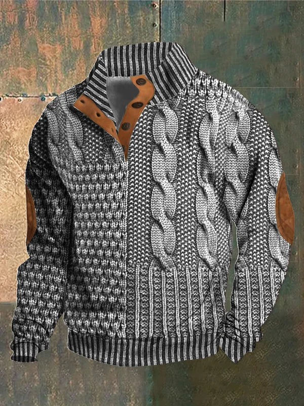 Men's Textured Cable Knit Sweater with Button Placket and Elbow Patches
