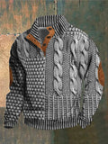 Men's Textured Cable Knit Sweater with Button Placket and Elbow Patches