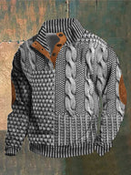 Men's Textured Cable Knit Sweater with Button Placket and Elbow Patches