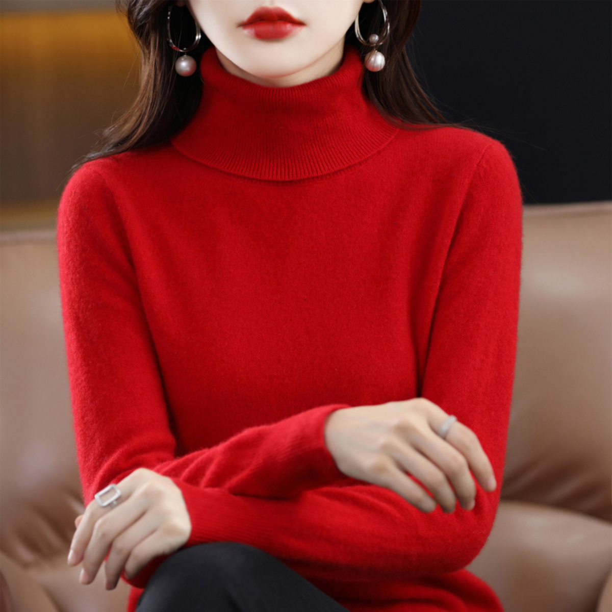 Pull à col roulé pour femme à manches longues