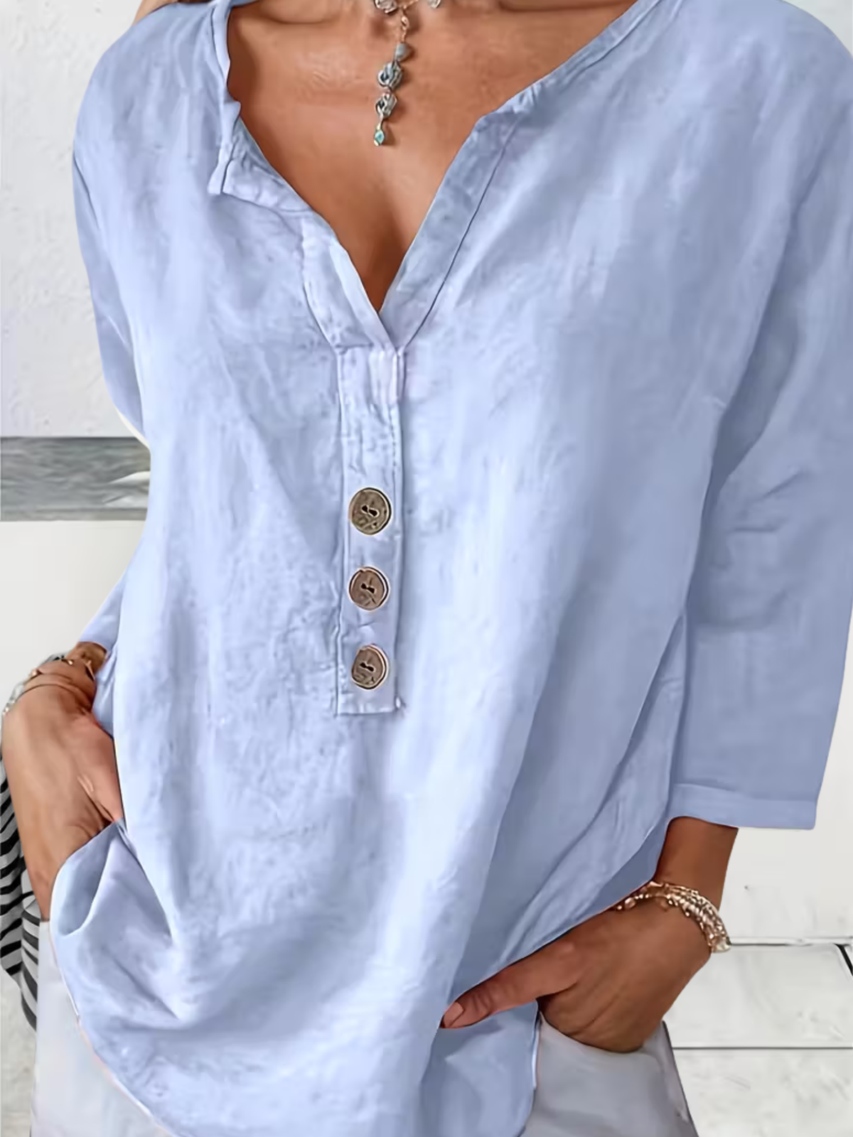 Blouse ample à col en V pour femmes, style décontracté élégant