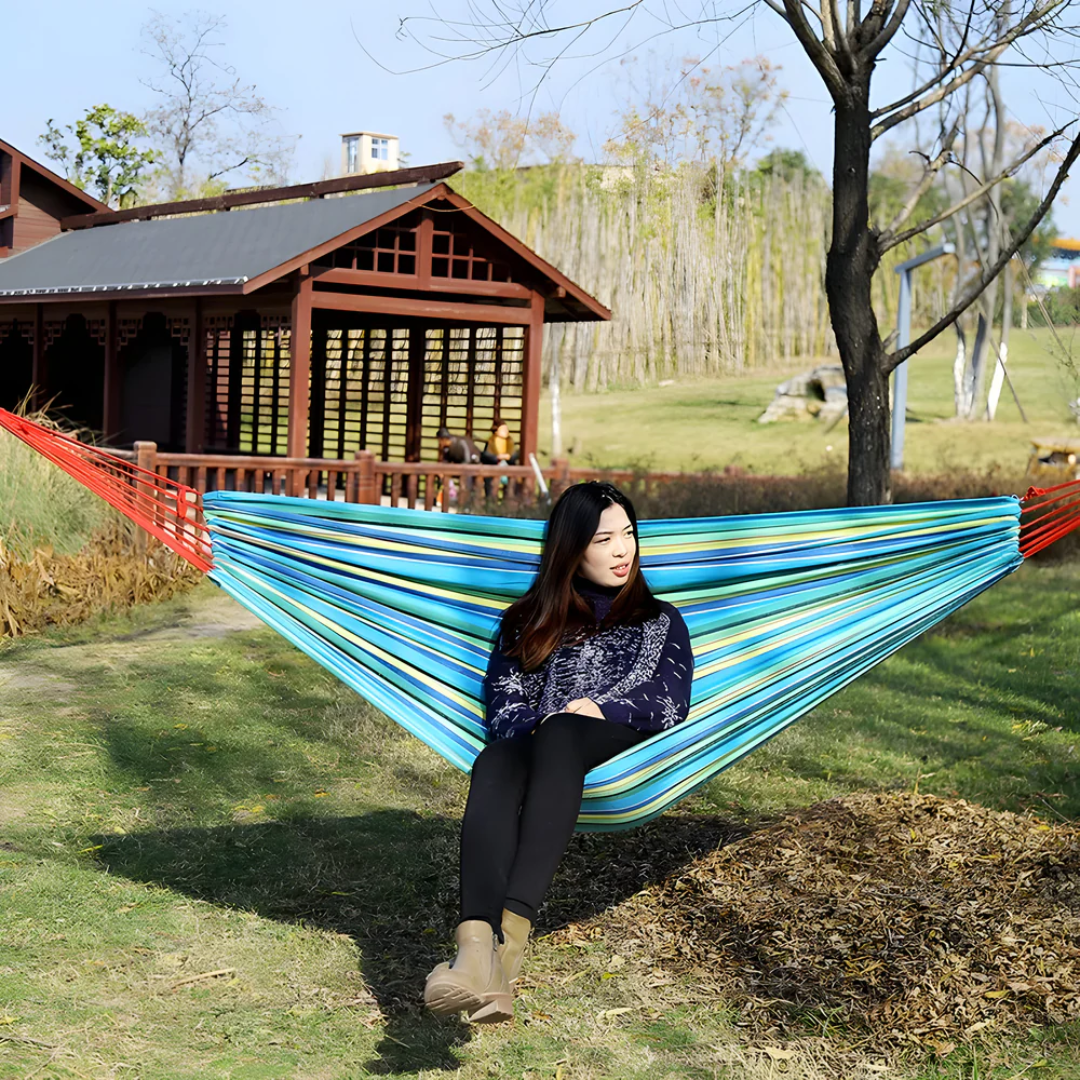 Outdoor Striped Hammock with Carrying Bag and Hanging Ropes