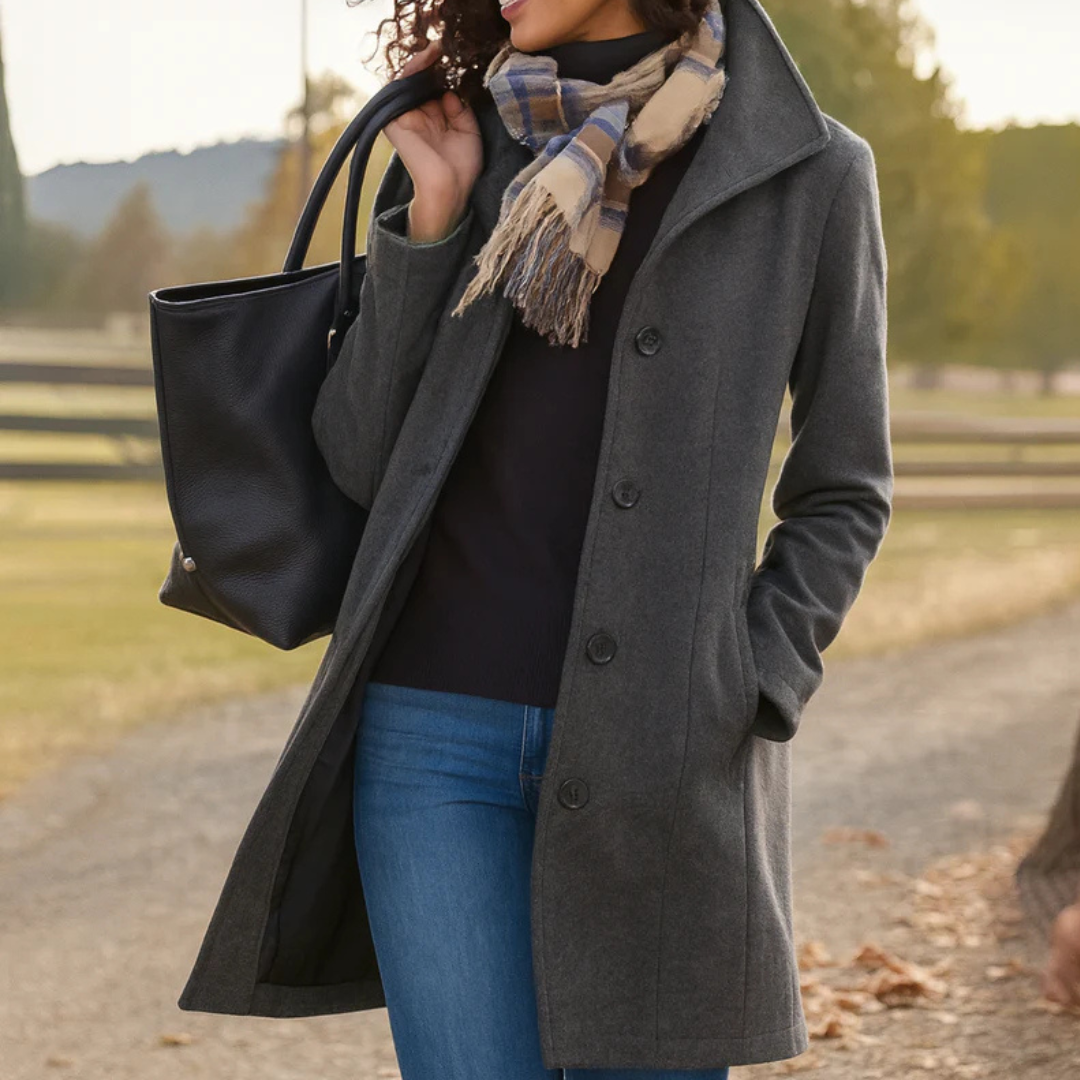 Women's Button Coat with Notched Lapel and Longline Design