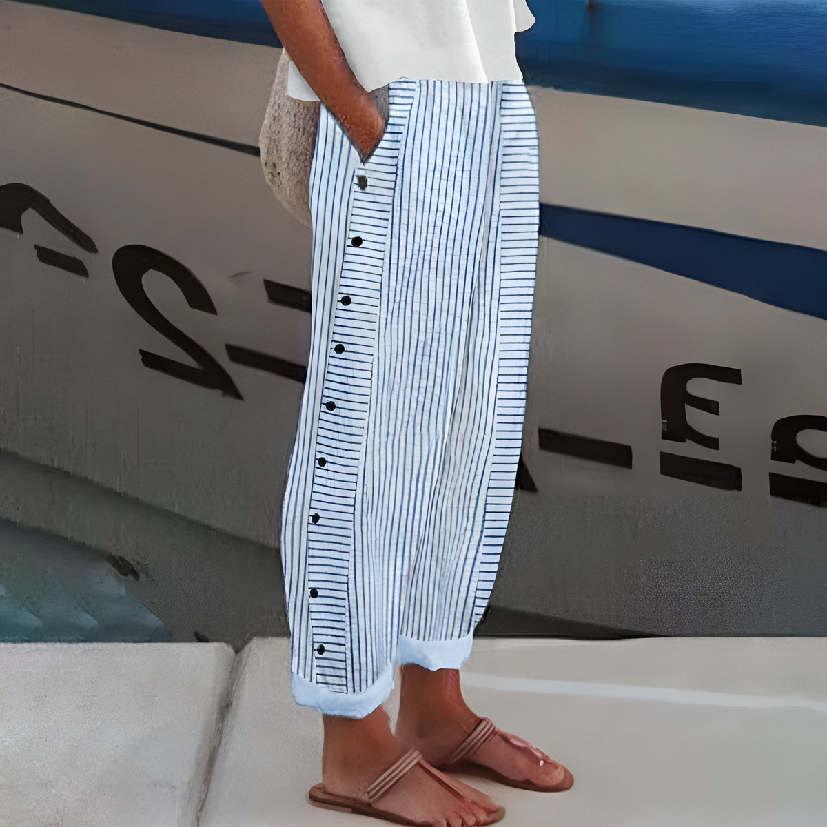 Pantalon rayé pour femmes, taille élastique, jambes droites