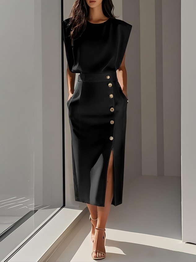 Robe midi sans manches pour femme, élégante avec boutons latéraux