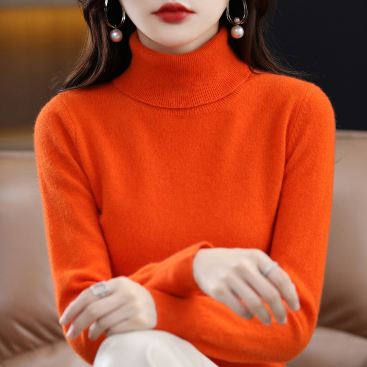 Pull à col roulé pour femme à manches longues