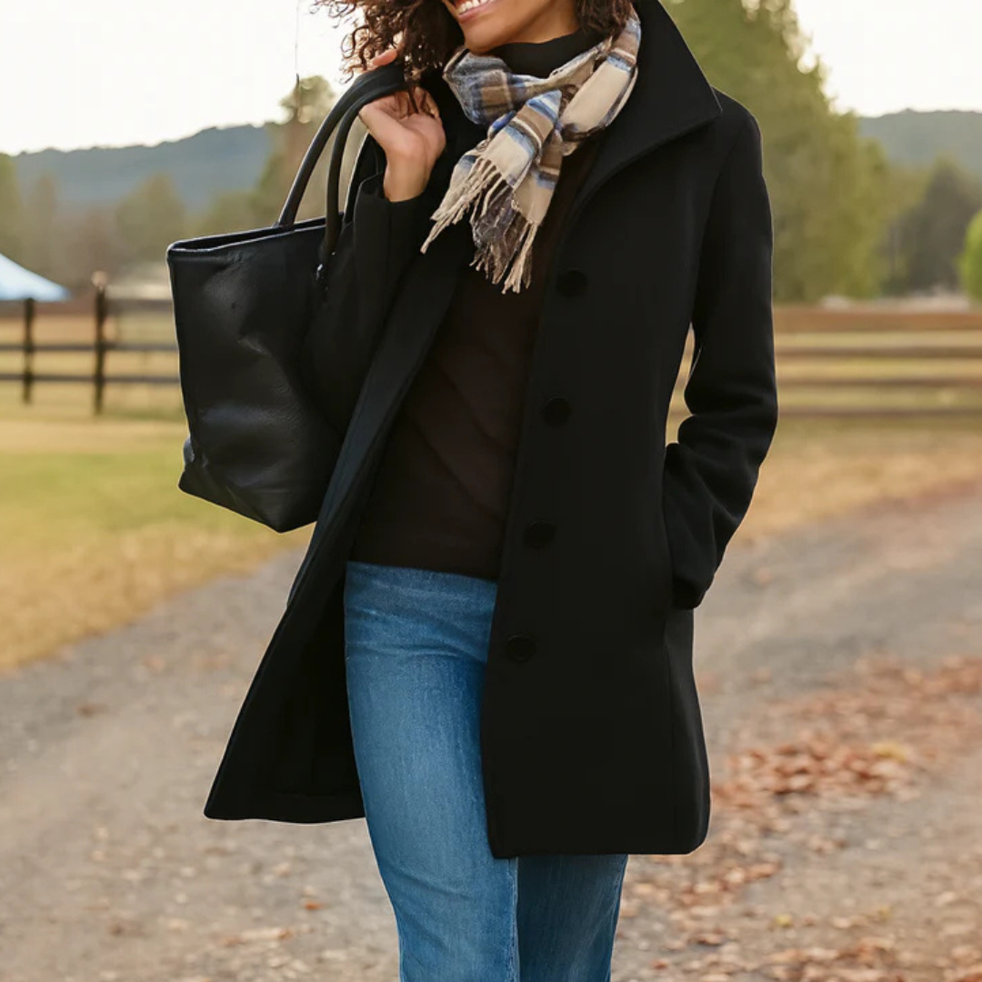 Women's Button Coat with Notched Lapel and Longline Design
