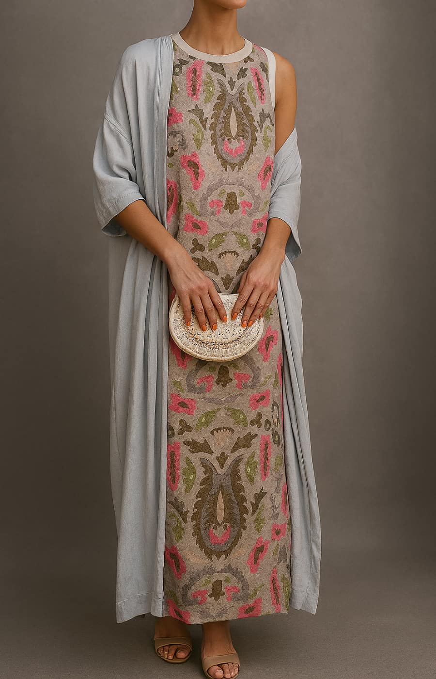 Robe longue imprimée pour femme avec manteau assorti ouvert devant