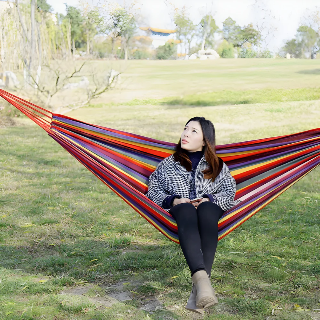Outdoor Striped Hammock with Carrying Bag and Hanging Ropes