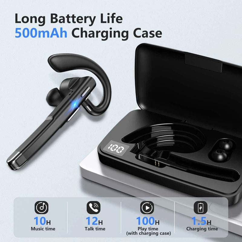 Vezeték nélküli Bluetooth-headset fülkampóval és töltőtokkal