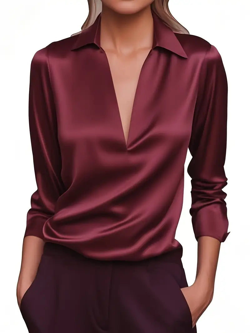 Collared V-Neck Blouse for Women with Long Sleeves and Smooth Finish