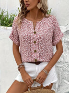 Women's Pink Floral Blouse Short Sleeve Button Top