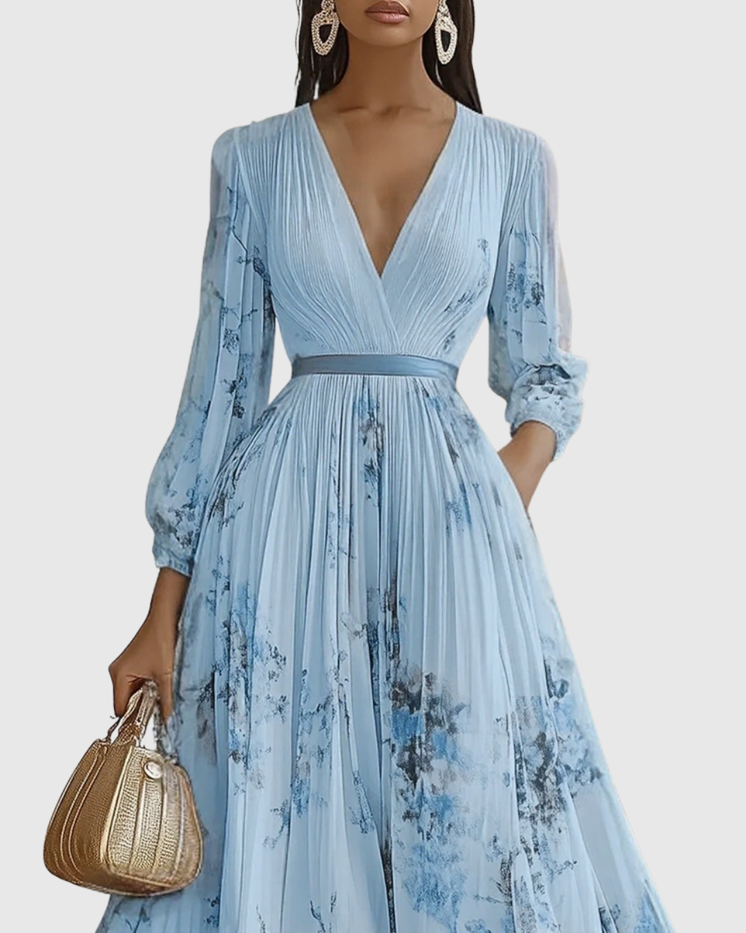 Robe maxi plissée pour femmes, col en V, robe élégante avec ceinture à la taille