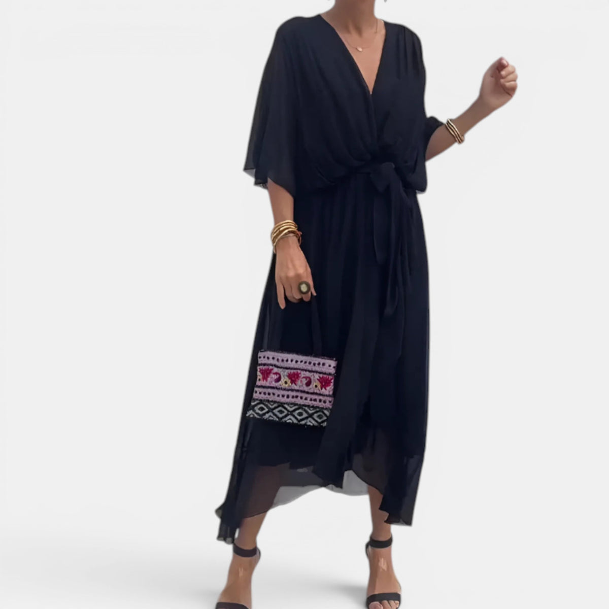 Robe midi portefeuille pour femmes, coupe élégante et fluide