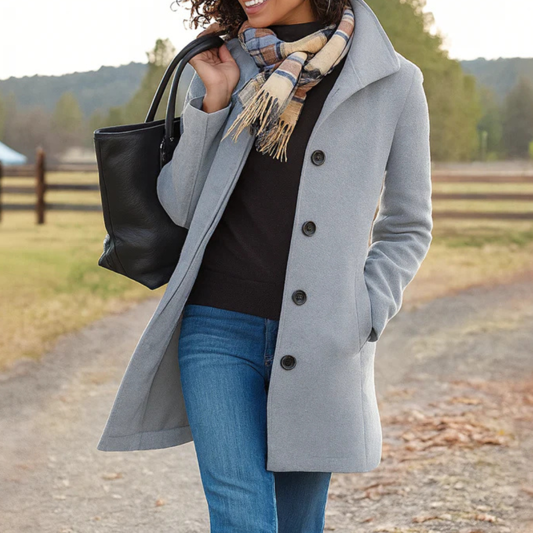 Women's Button Coat with Notched Lapel and Longline Design