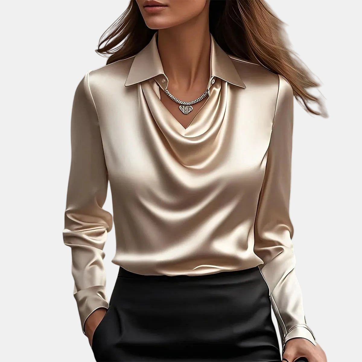 Women's Satin Blouse Cowl Neck Long Sleeve Elegant Top