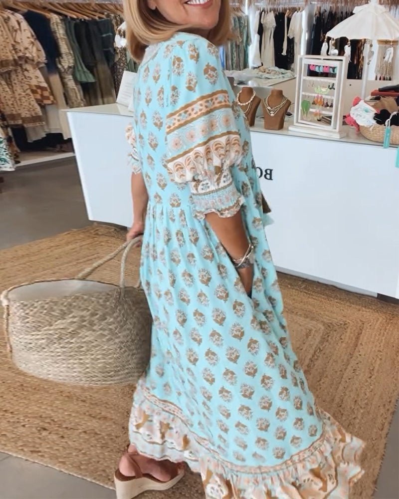 Robe maxi à col en V fleurie pour femmes, coupe décontractée et élégante