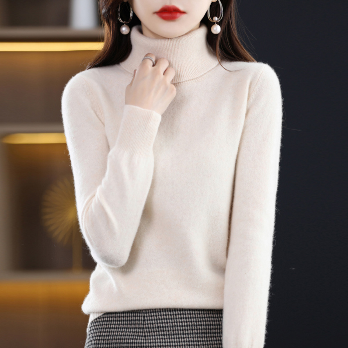 Pull à col roulé pour femme à manches longues