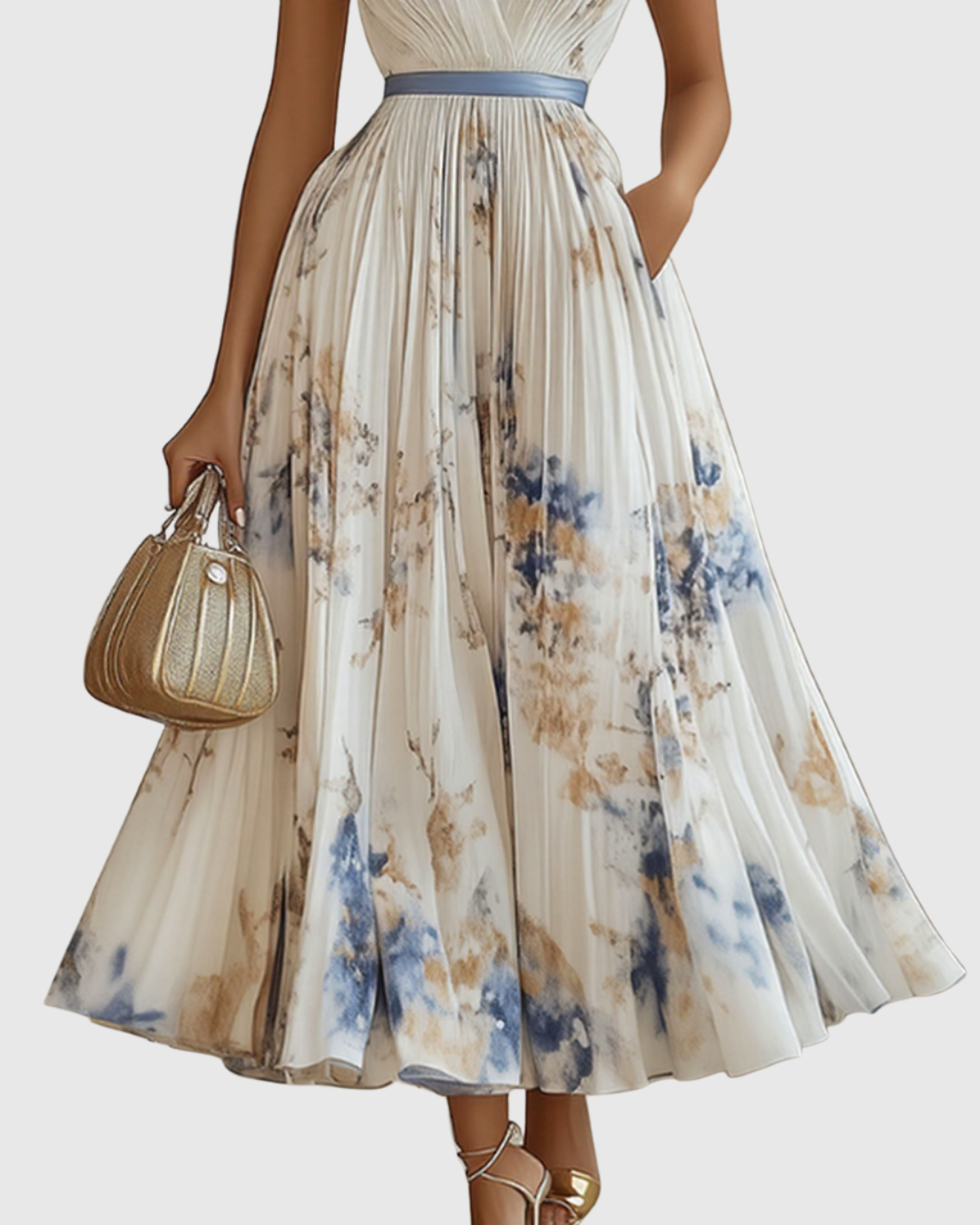 Robe maxi plissée pour femmes, col en V, robe élégante avec ceinture à la taille