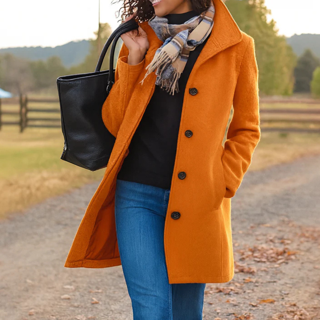Women's Button Coat with Notched Lapel and Longline Design