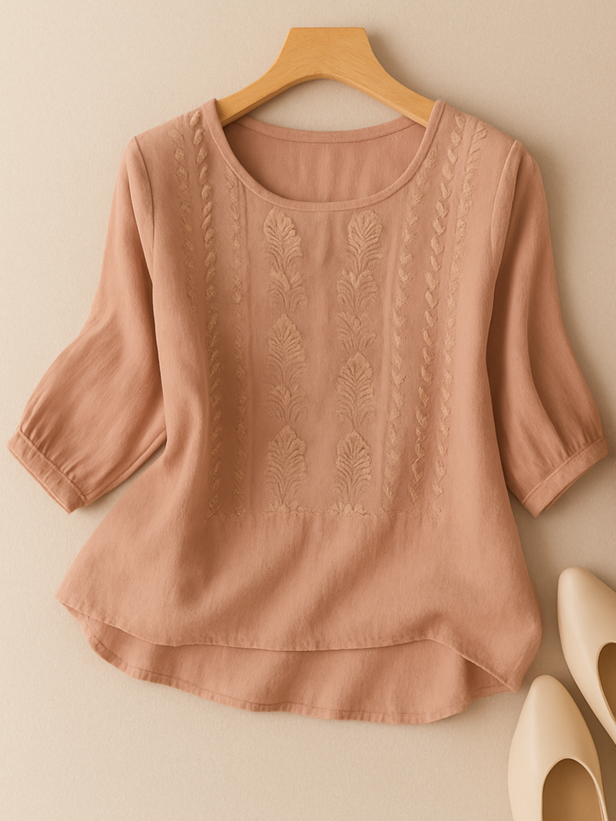 Women's Casual Embroidered Top with Round Neck