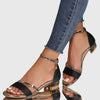 Glitter Block Heel Sandals with Metallic Ankle Strap and Buckle Fastening