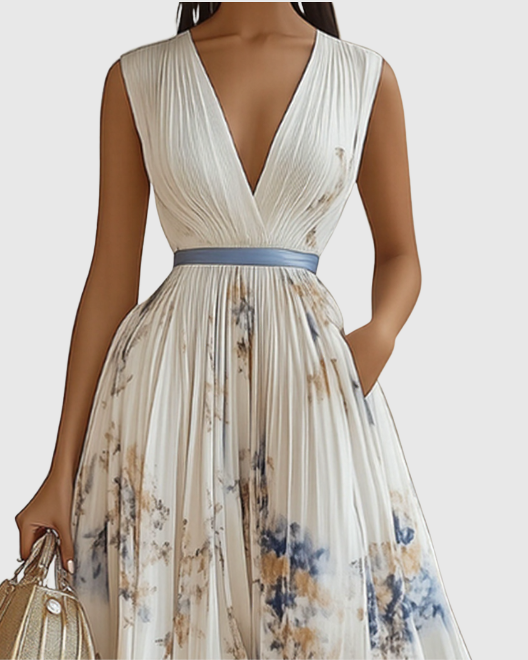 Robe maxi plissée pour femmes, col en V, robe élégante avec ceinture à la taille