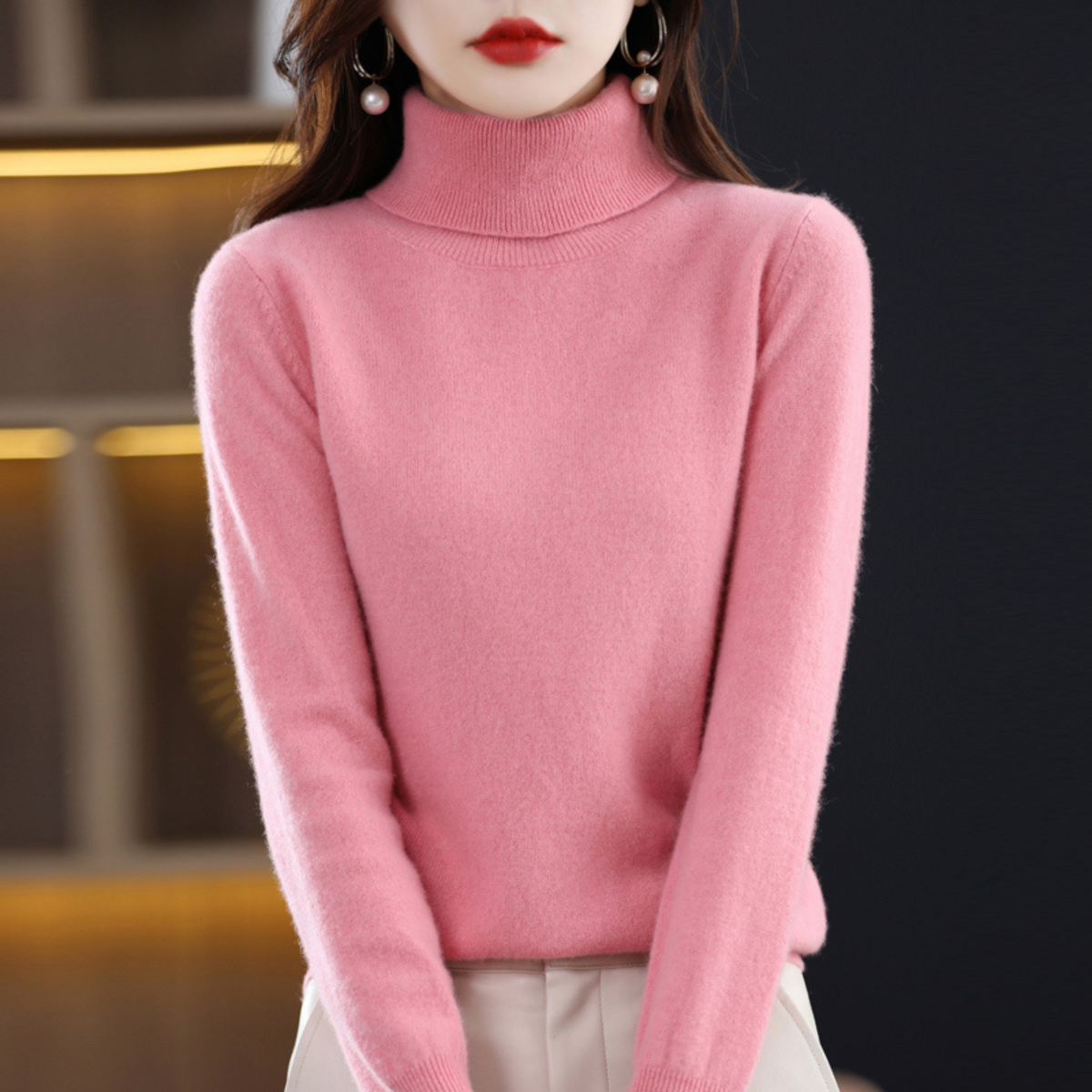 Pull à col roulé pour femme à manches longues