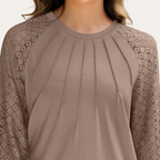 Women's Elegant Pleated Neckline Blouse with Sheer Lace Sleeves for a Chic Look