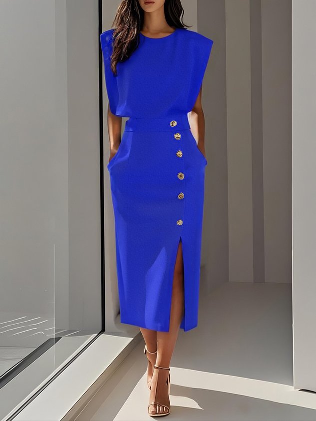 Robe midi sans manches pour femme, élégante avec boutons latéraux