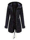 Water-Resistant Women's Long Hooded Parka Jacket with Adjustable Drawstring and Zip-Front Closure