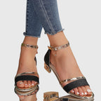 Glitter Block Heel Sandals with Metallic Ankle Strap and Buckle Fastening