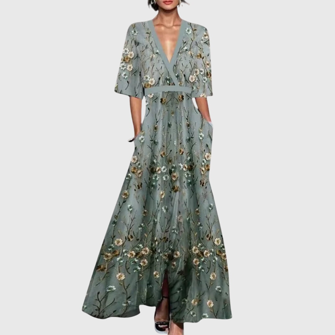 Robe maxi fleurie pour femmes, style printanier élégant à col en V