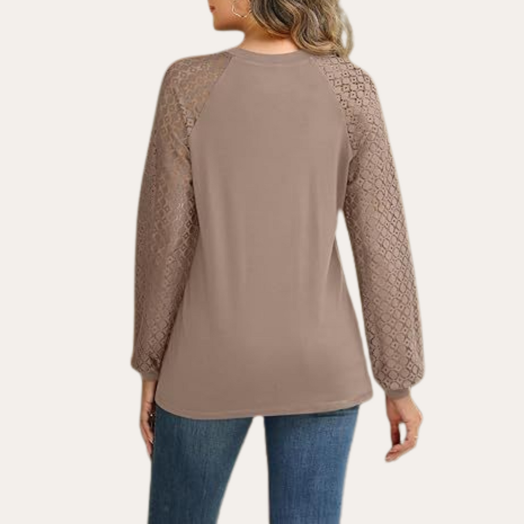 Women's Elegant Pleated Neckline Blouse with Sheer Lace Sleeves for a Chic Look