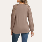 Women's Elegant Pleated Neckline Blouse with Sheer Lace Sleeves for a Chic Look