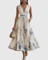 Women's Pleated Maxi Dress V Neck Elegant Waist Tie Dress