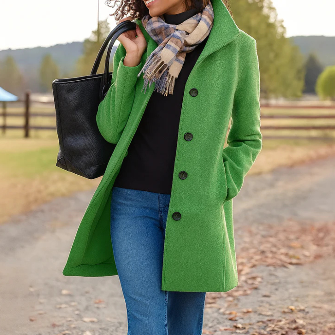Women's Button Coat with Notched Lapel and Longline Design