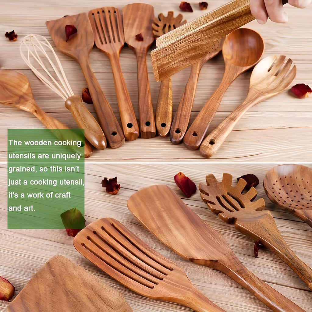 11-Piece Teak Kitchen Utensil Set with Convenient Holder for Stylish and Functional Cooking