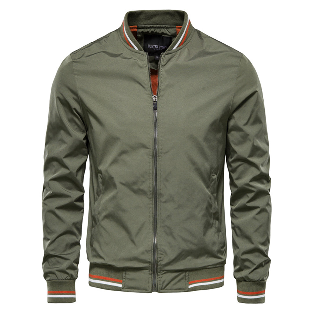 Men's Zip-Up Bomber Jacket with Stand Collar and Ribbed Trim
