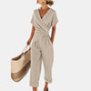 Women's Wrap Front Jumpsuit V-Neck Short Sleeve Elegant Casual Fit - 2 piece set