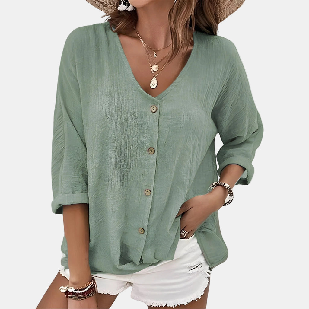 Women's V Neck Button Up Blouse Relaxed Fit Casual Top