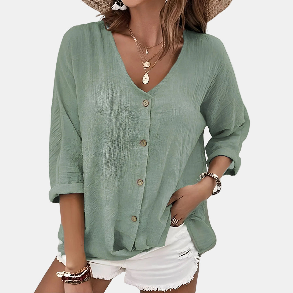 Blouse boutonnée à col en V pour femmes, coupe décontractée, haut décontracté