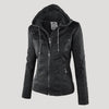 Waterproof Women's Faux Leather Jacket with Removable Hood and Adjustable Drawstrings